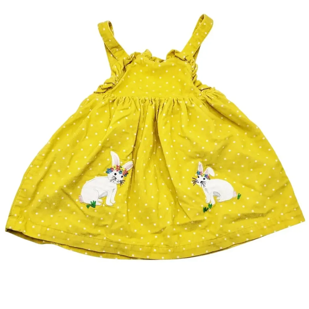 Baby Boden Yellow Polka Dot Corduroy Bunny Applique Pinafore Dress Sz 12-18 mnth - Picture 2 of 7